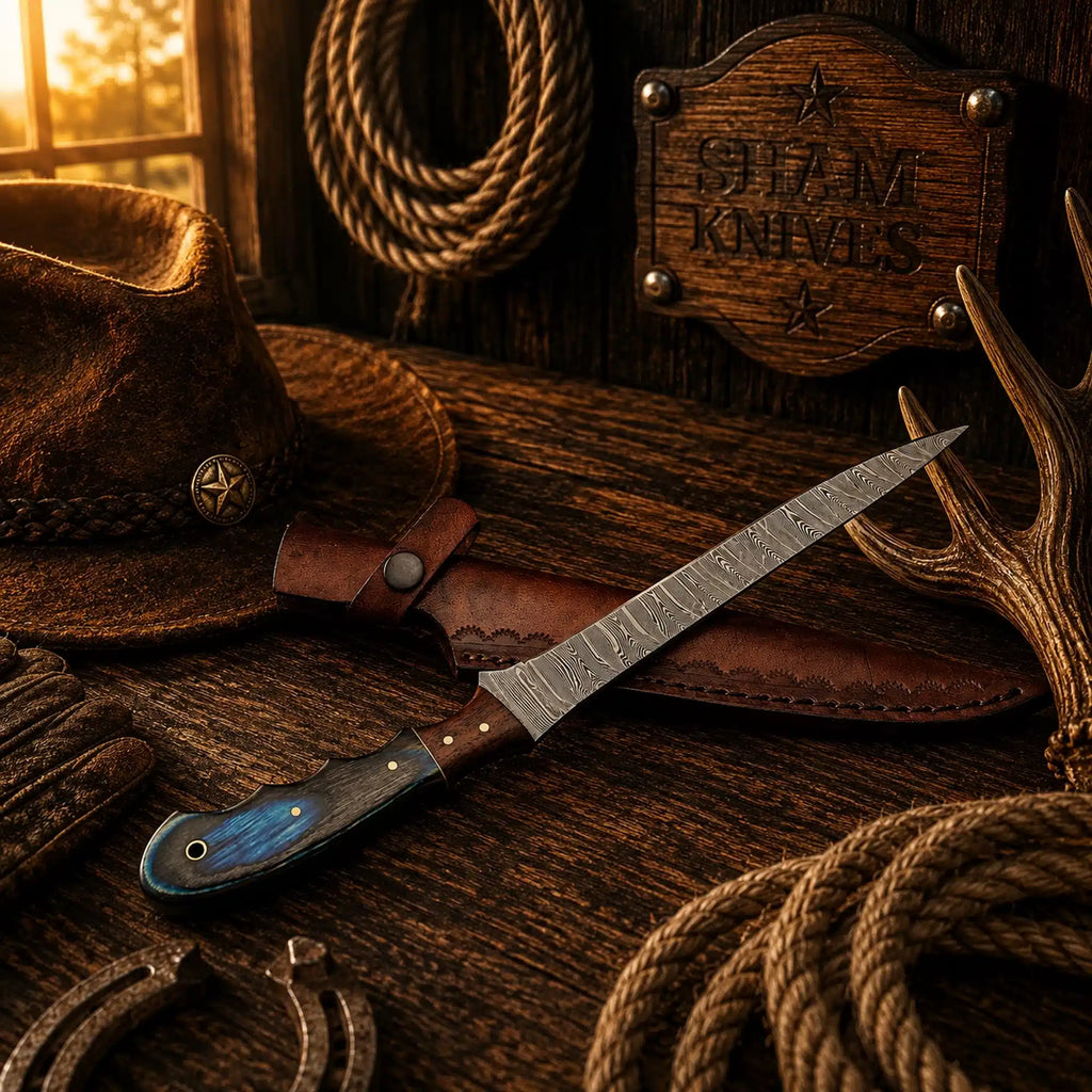 13 inch Damascus steel fillet knife with blue exotic wood handle
