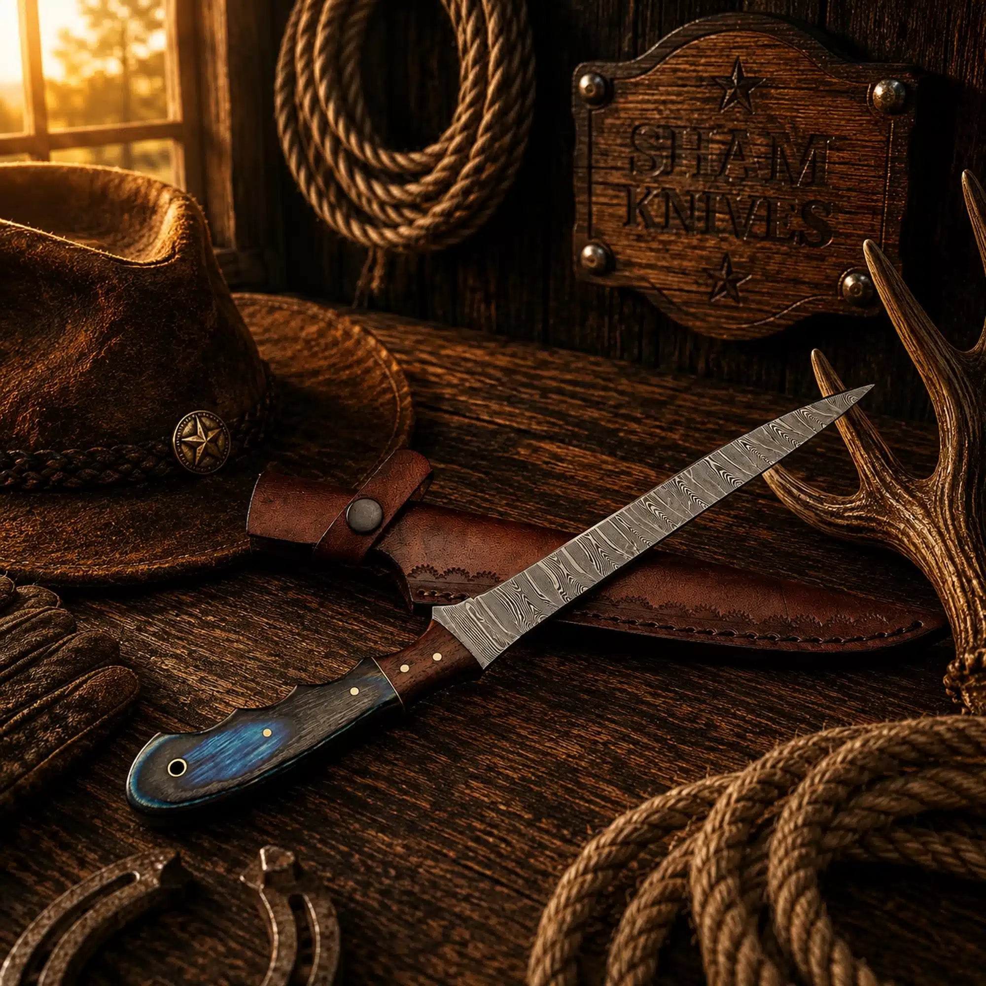 13 inch Damascus steel fillet knife with blue exotic wood handle