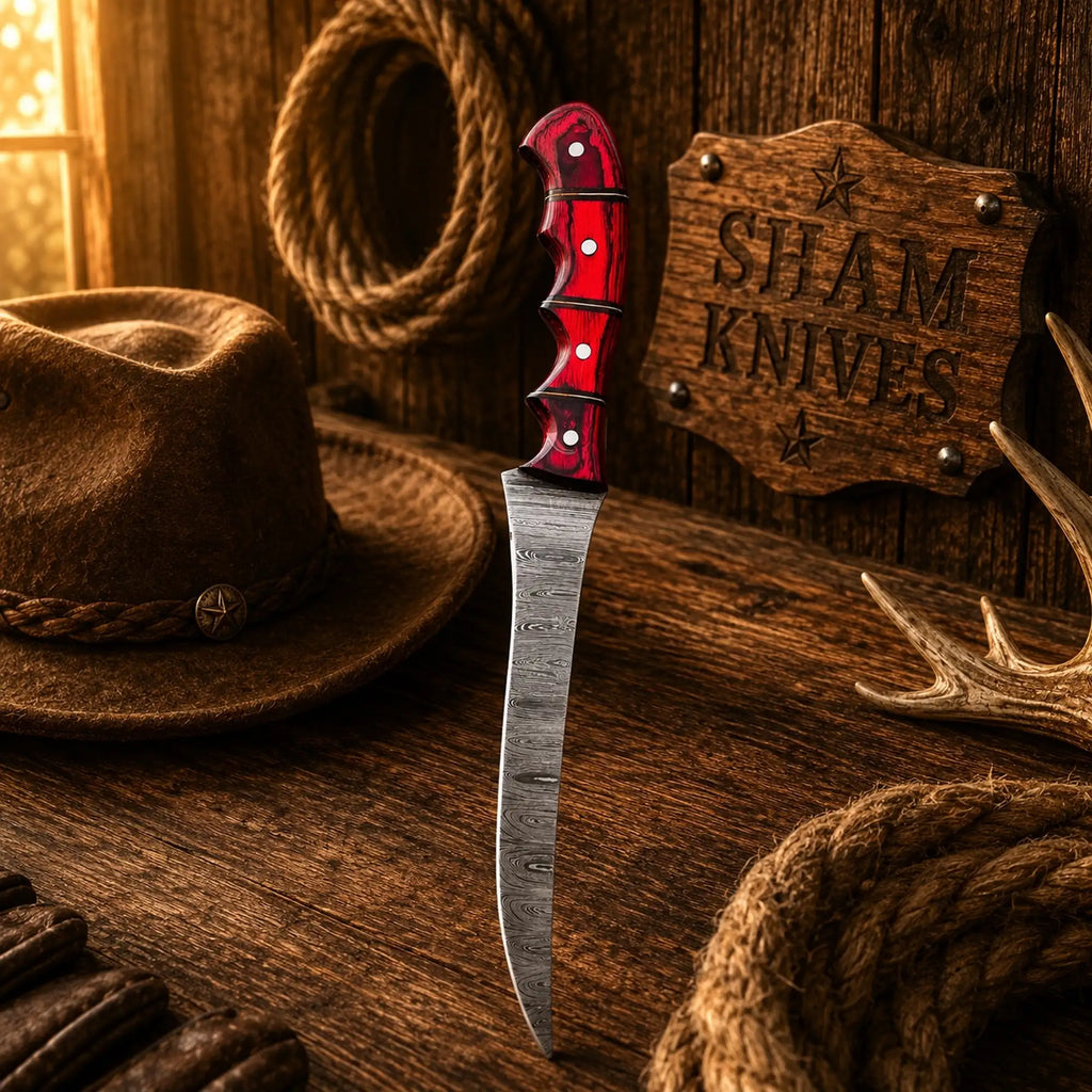 Handmade Damascus fillet knife with red and black Pakka wood handle