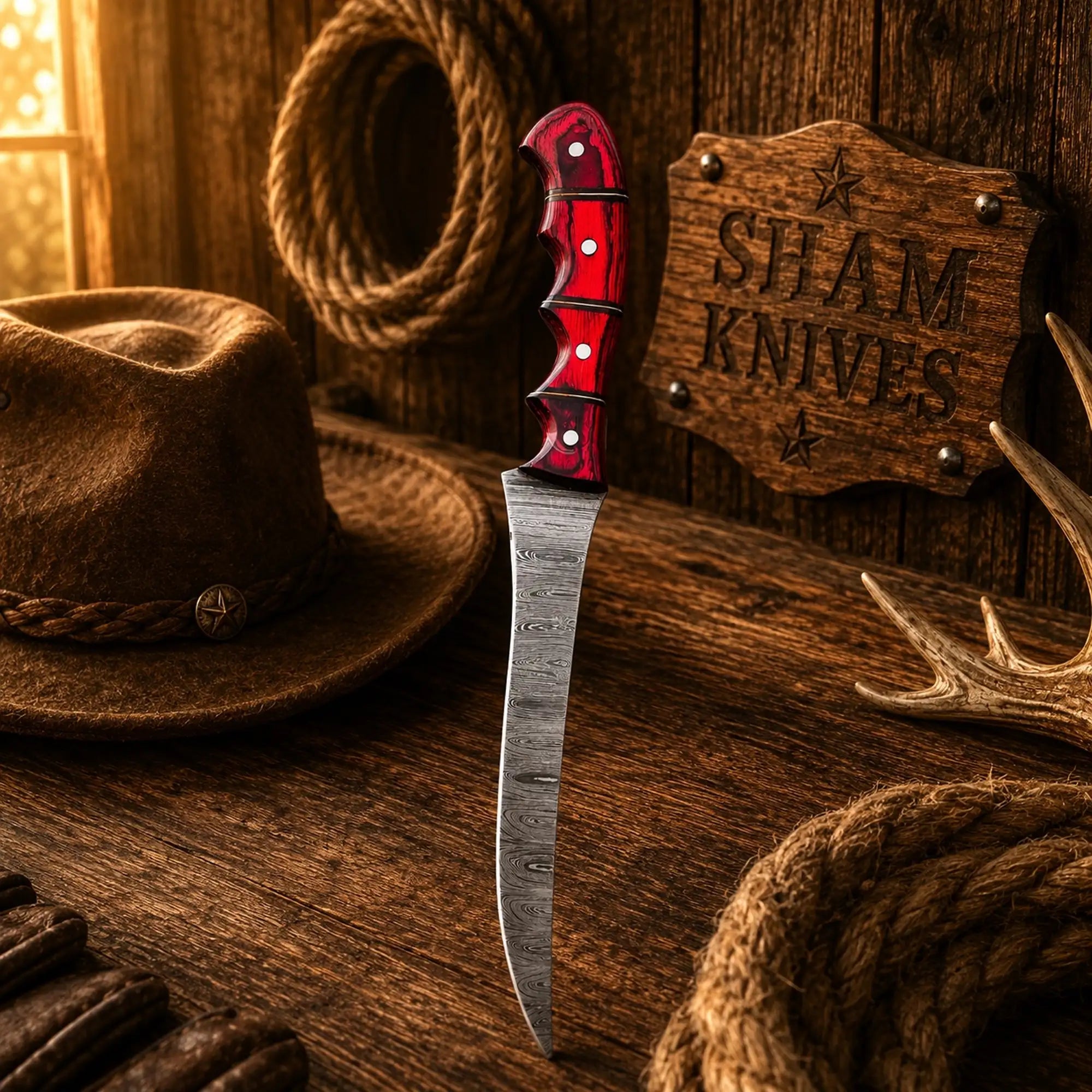 Handmade Damascus fillet knife with red and black Pakka wood handle