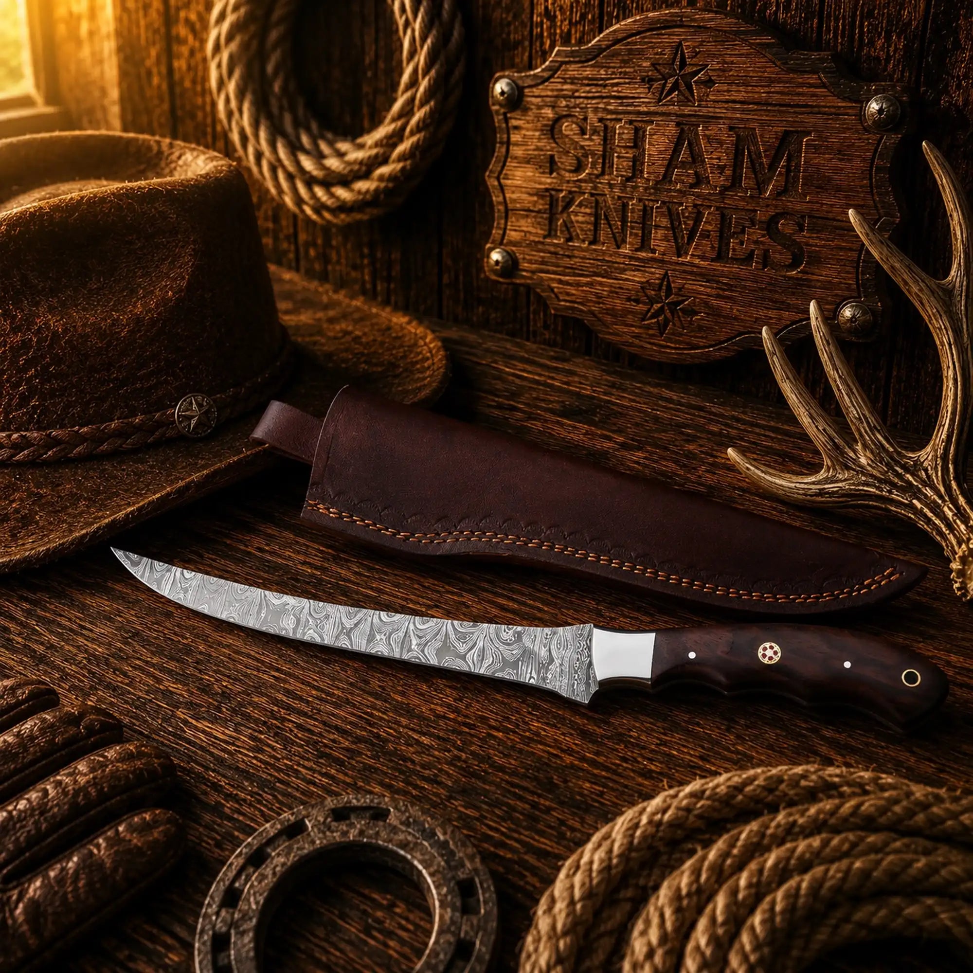 Handmade Damascus fillet knife with long fishing blade and rosewood handle