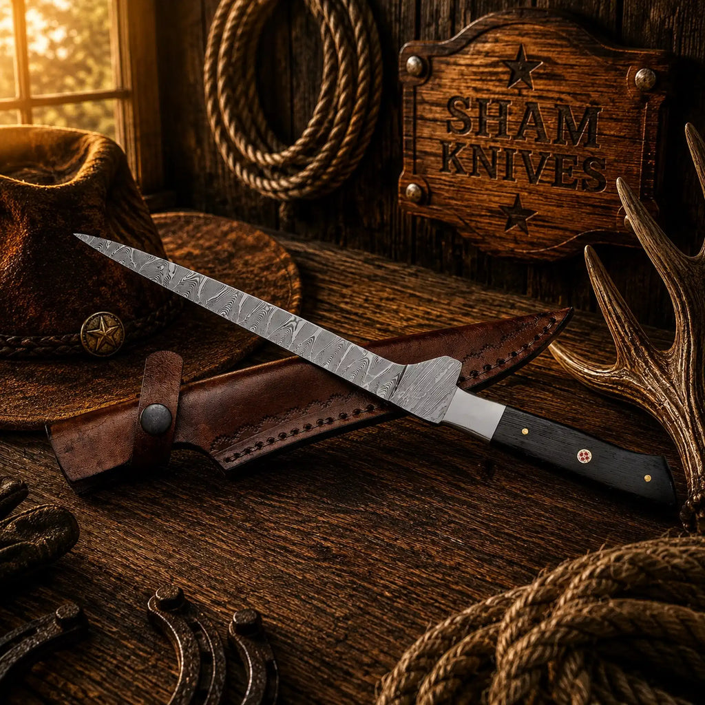Handmade Damascus fishing knife with Wenge wood handle and leather sheath