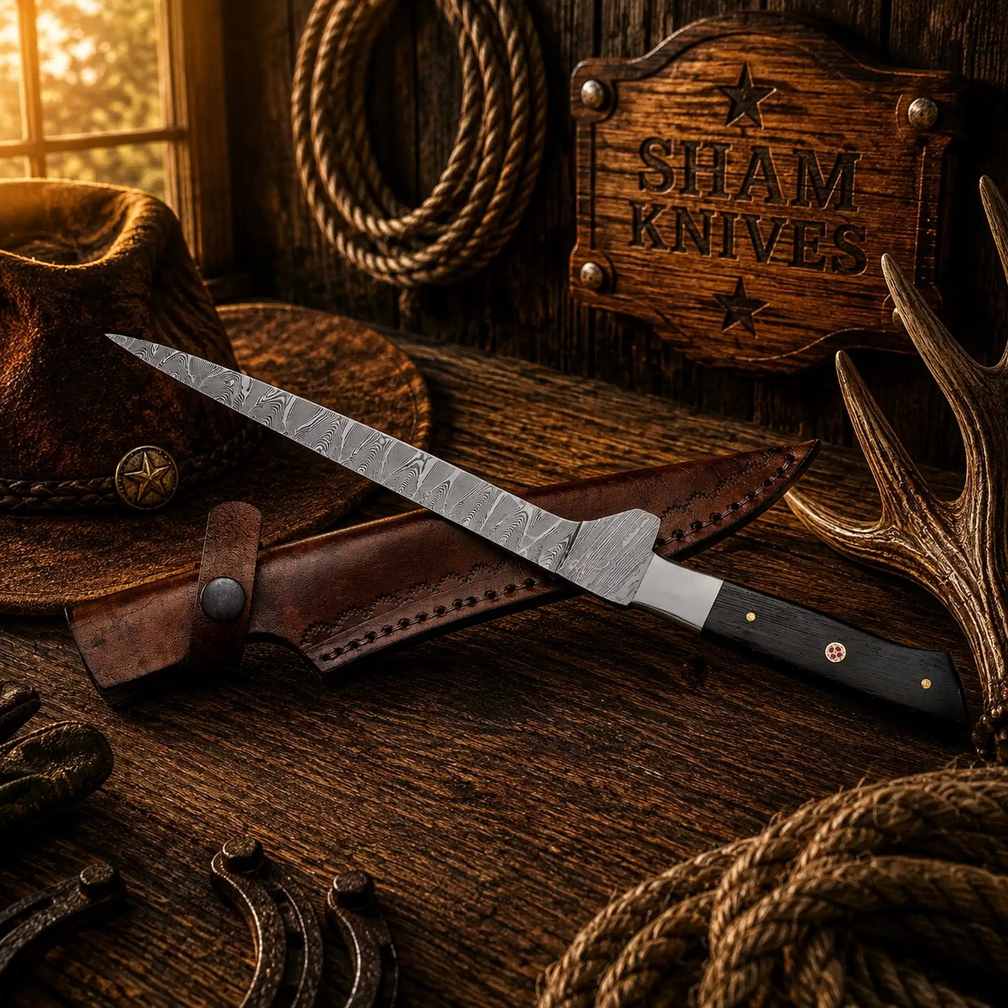 Handmade Damascus fishing knife with Wenge wood handle and leather sheath