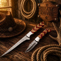 Handmade Damascus steel fillet and folding pocket knife set with exotic wood handles