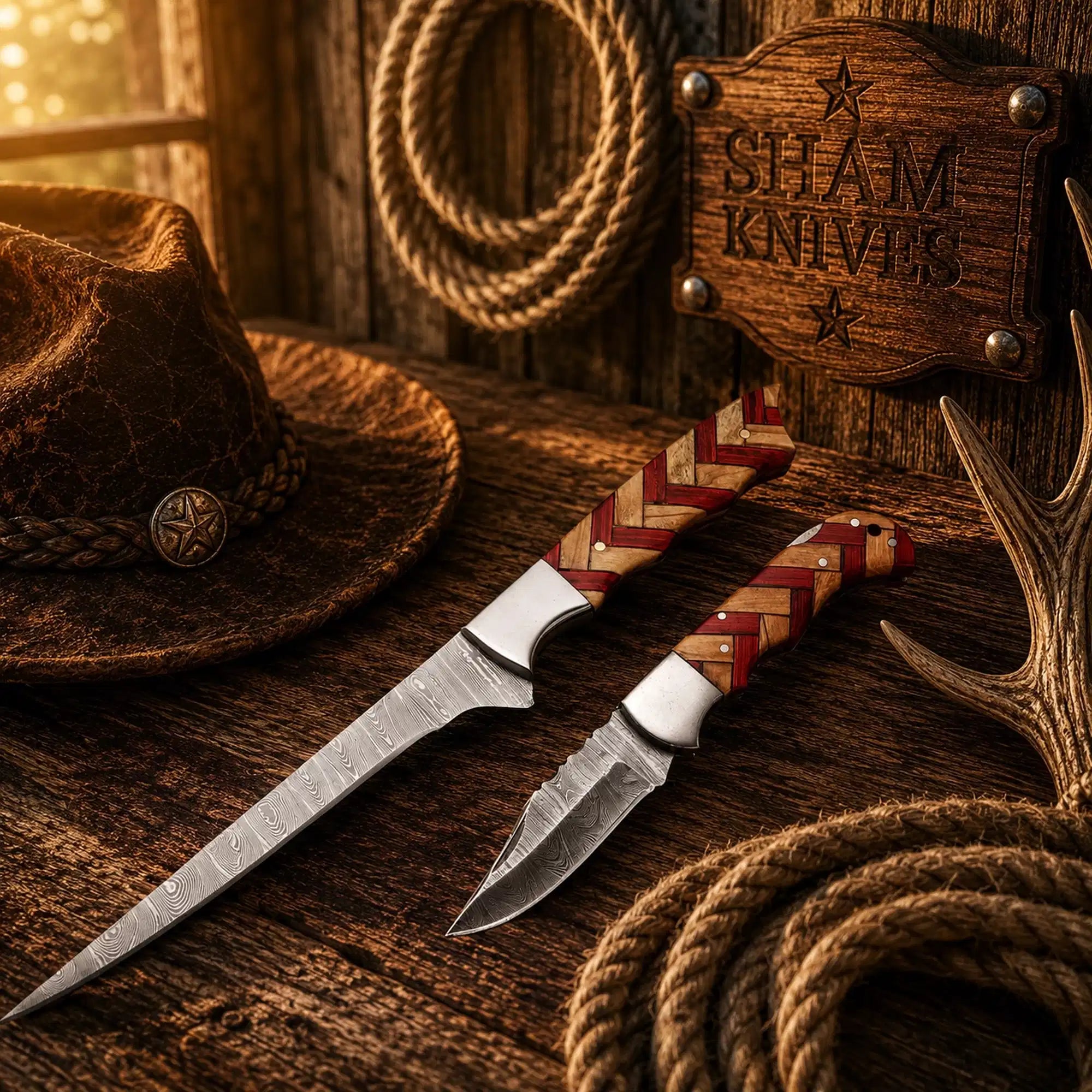 Handmade Damascus steel fillet and folding pocket knife set with exotic wood handles