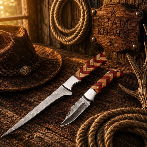 Handmade Damascus steel fillet and folding pocket knife set with exotic wood handles
