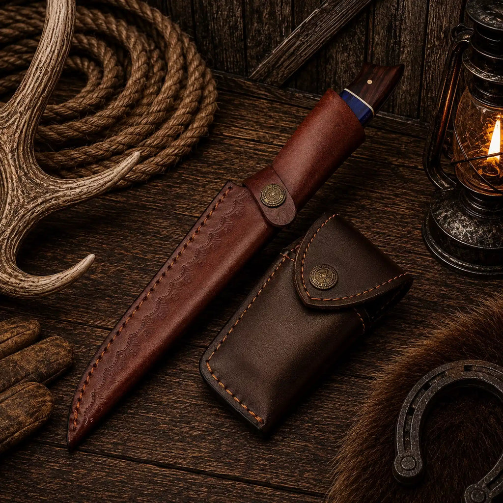 Two piece Damascus knife set with exotic wood and purple handle accents