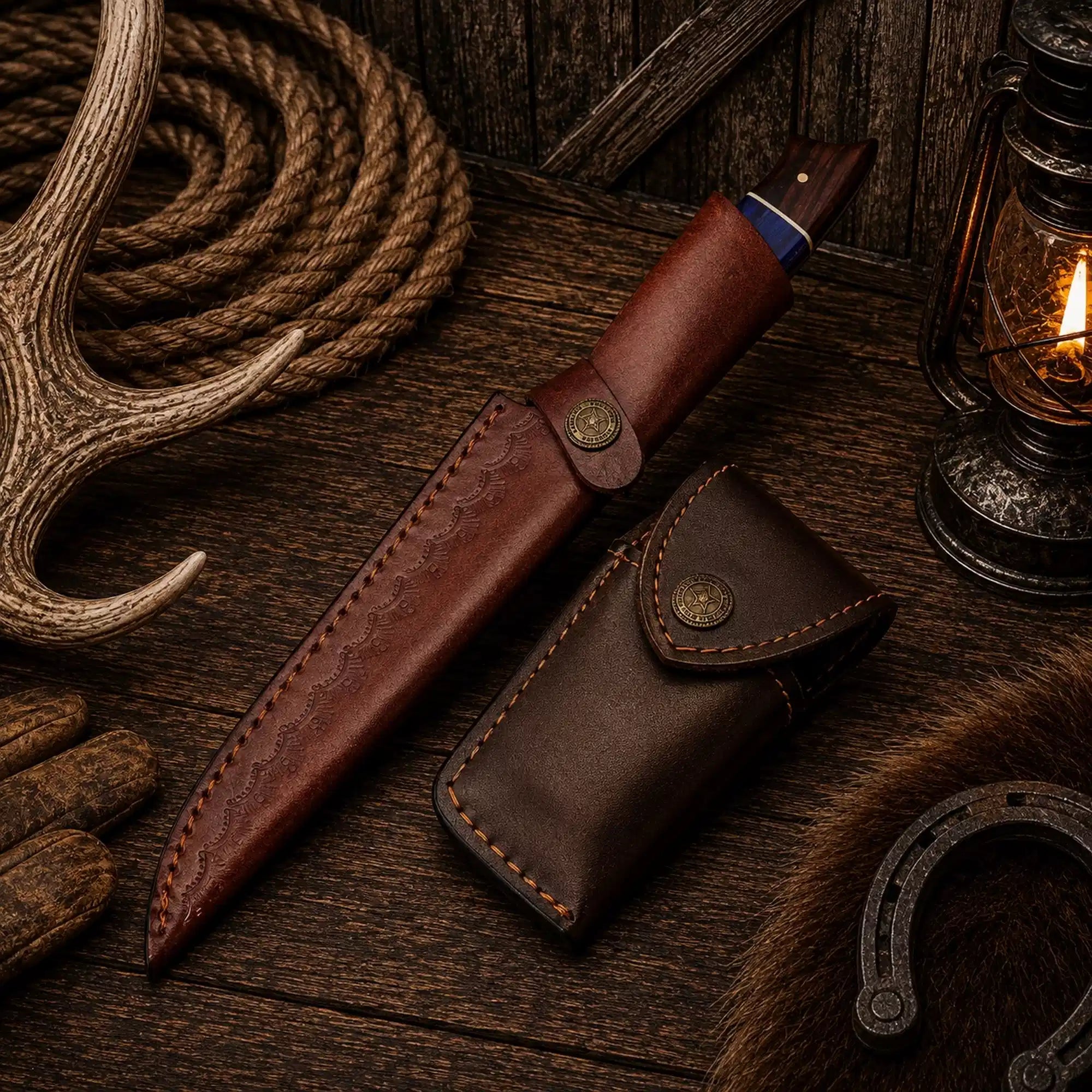 Two piece Damascus knife set with exotic wood and purple handle accents