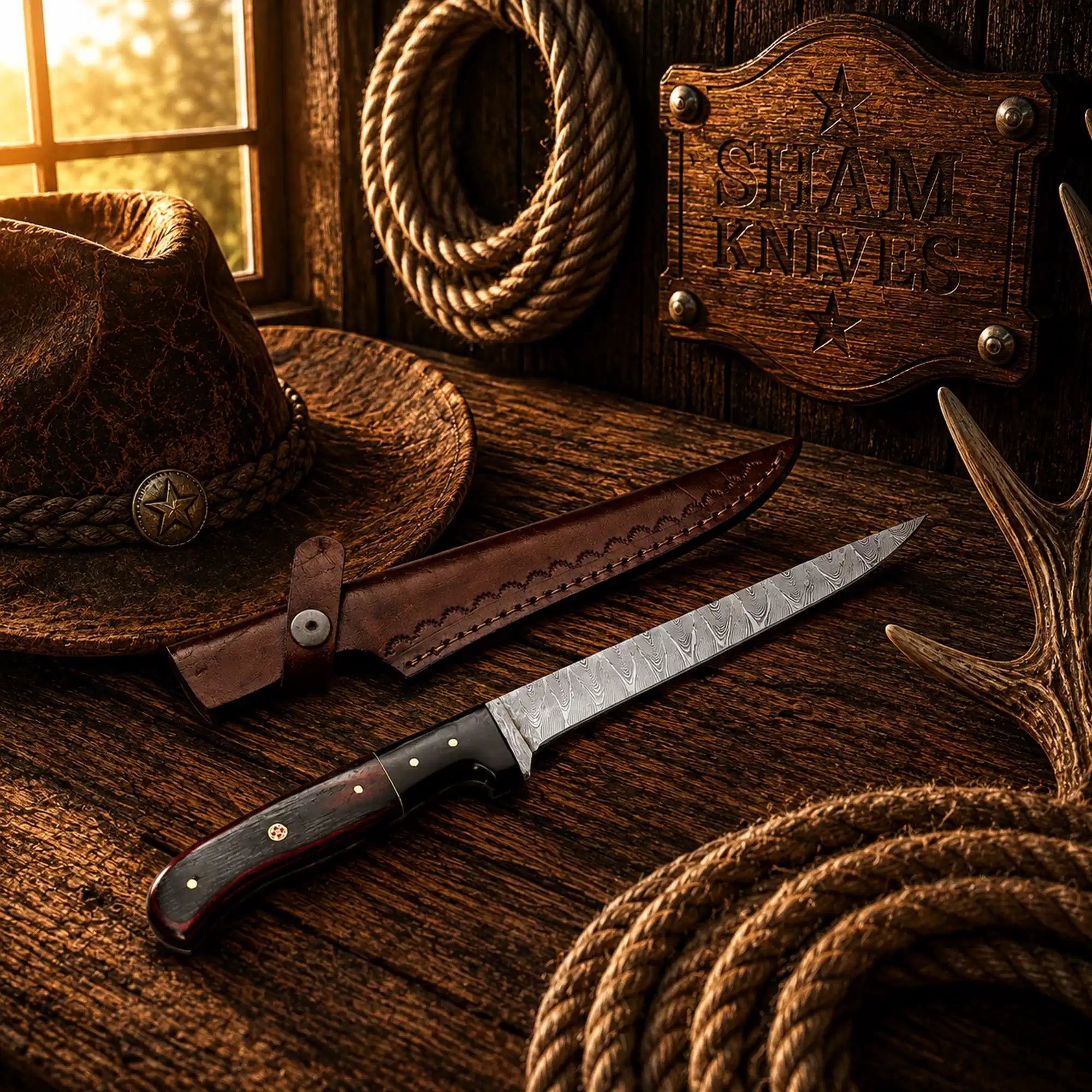 13 inch Damascus fishing knife with dark Pakka wood and red handle accents