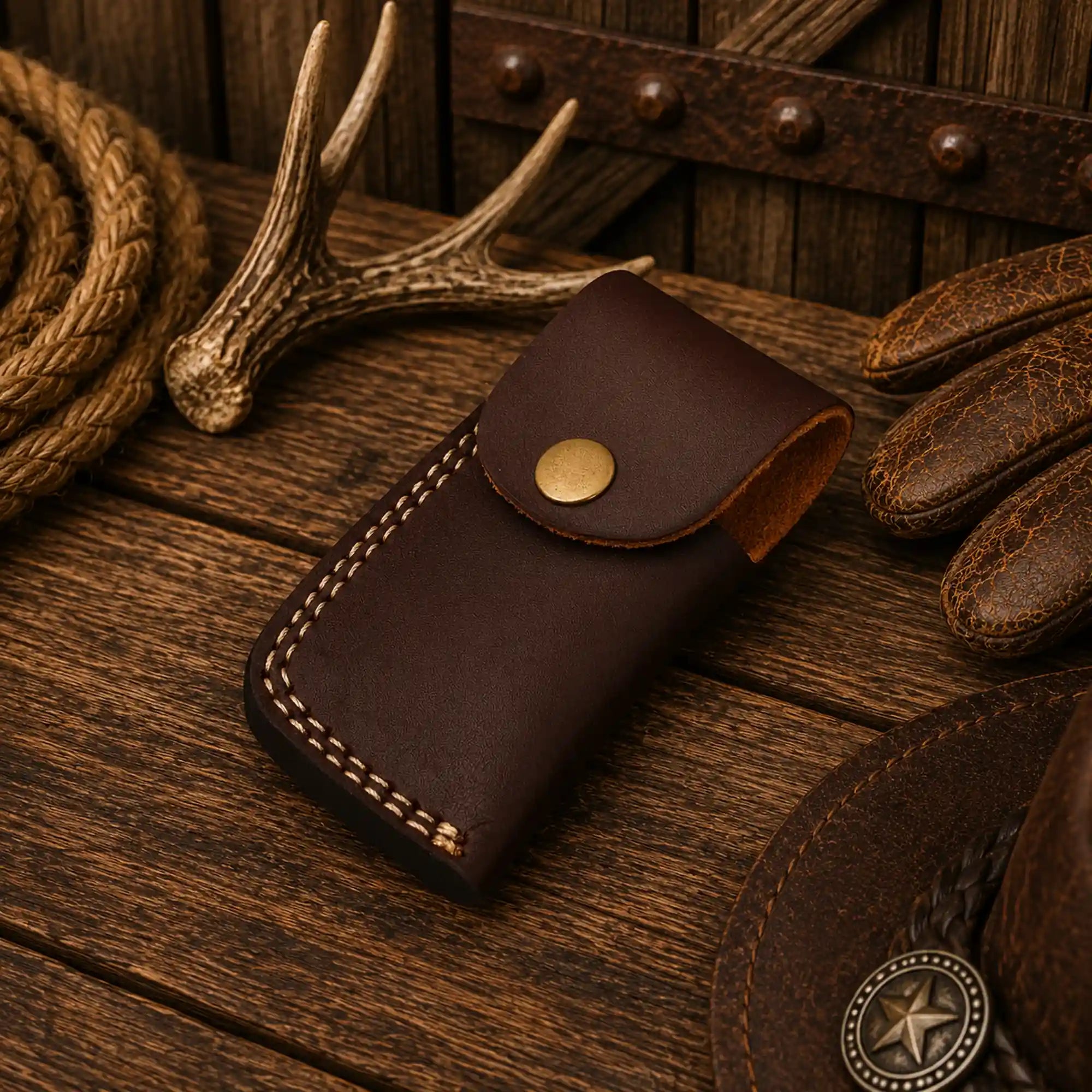 Western folding pocket knife with Raindrop Damascus blade, buffalo horn handle, Damascus steel bolsters, and premium leather sheath.