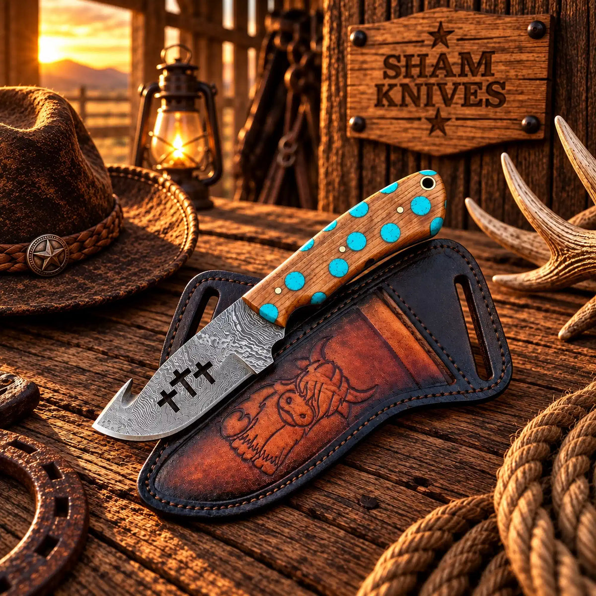 Damascus gut-hook skinning knife with ash wood and turquoise inlay handle