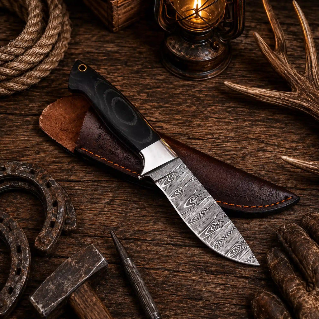 Damascus hunting knife with black and green G10 handle