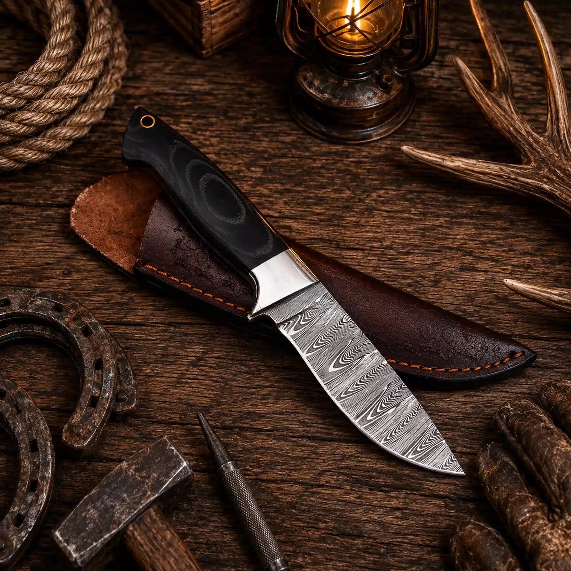 Damascus hunting knife with black and green G10 handle