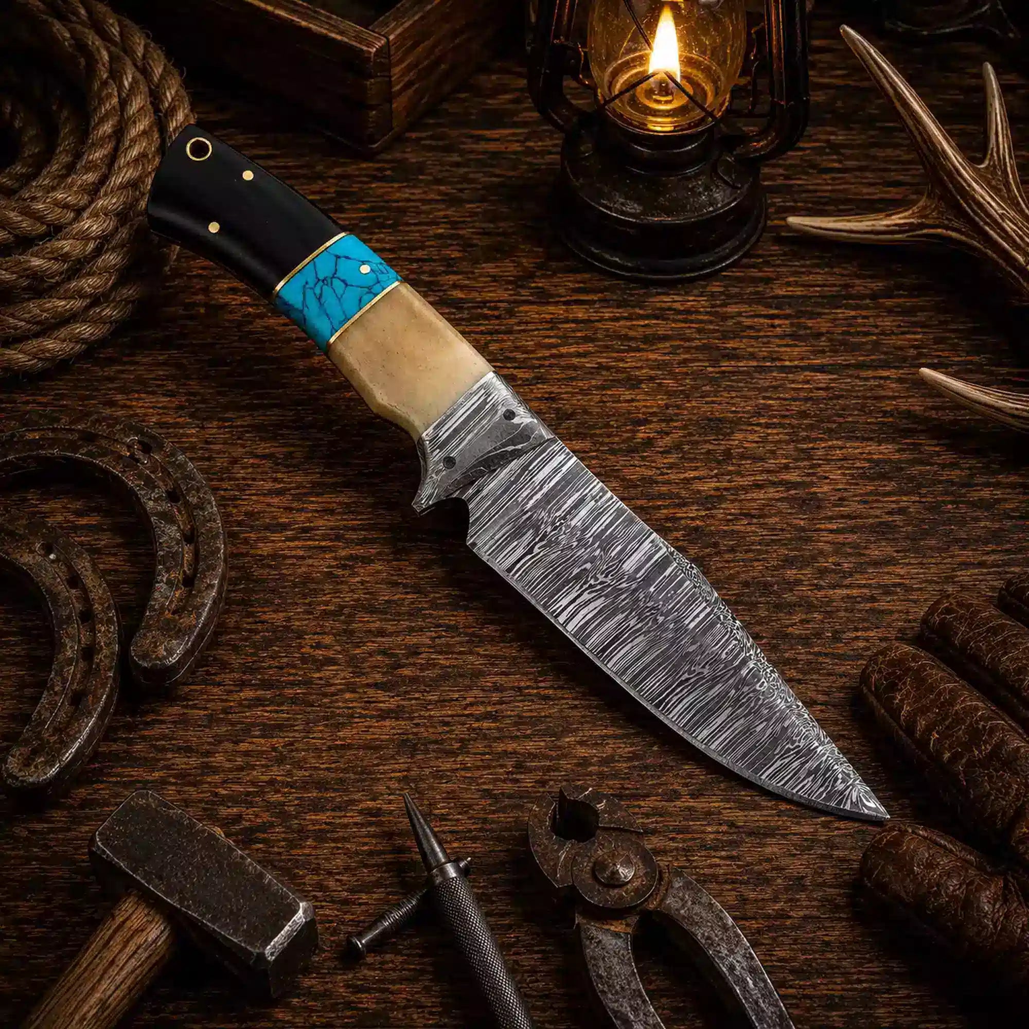 Damascus hunting knife with buffalo horn turquoise and bone handle