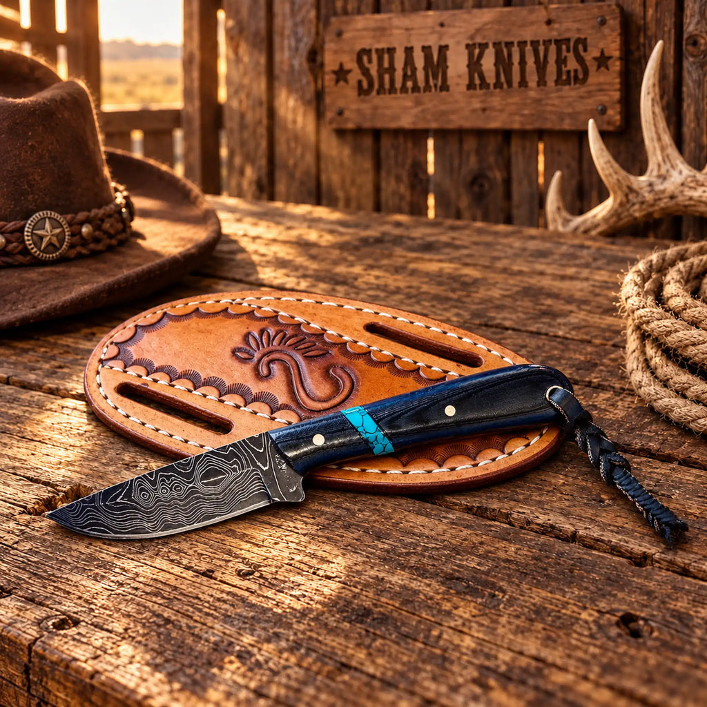 Damascus hunting knife with dark G10 and turquoise trail handle