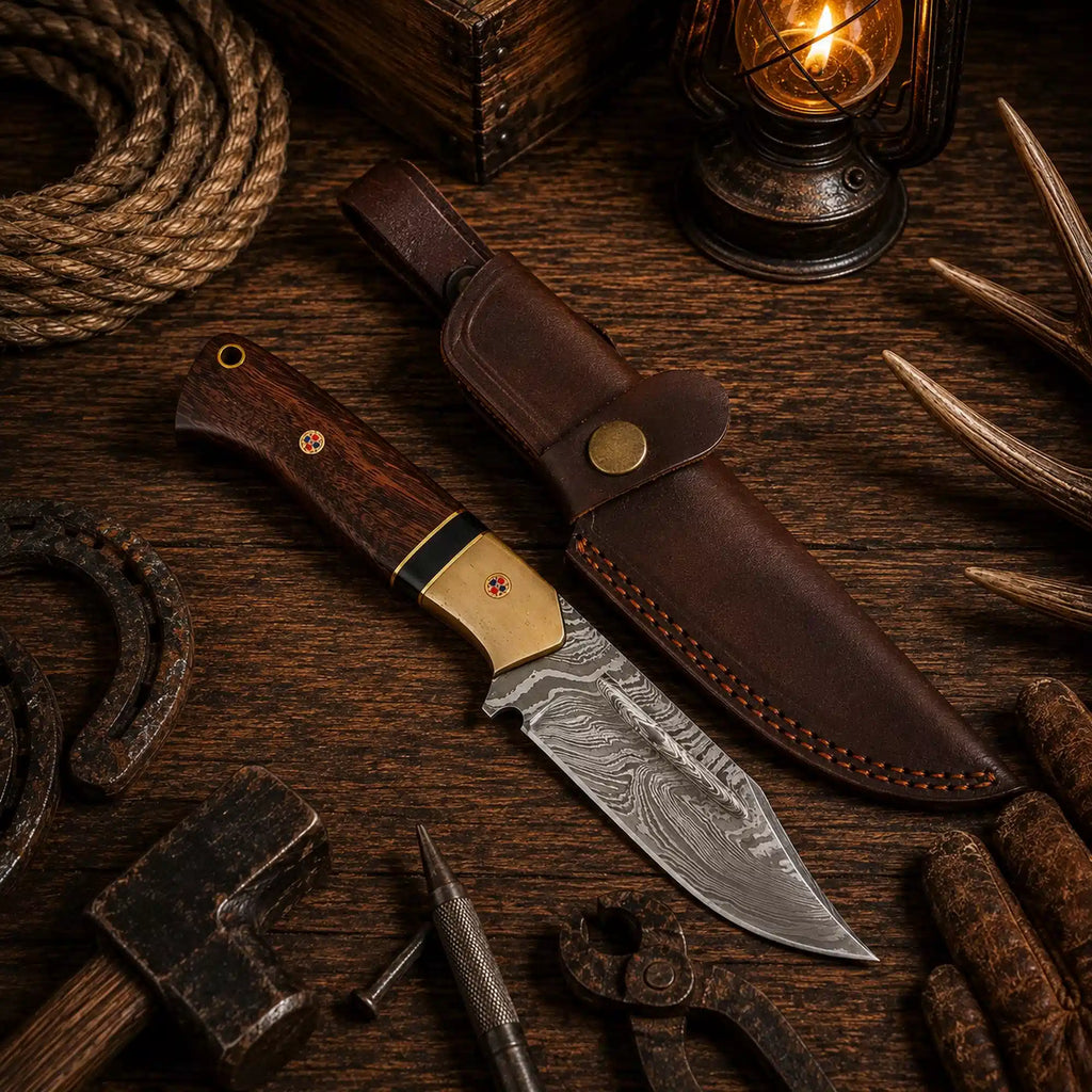 Damascus hunting knife with walnut wood and bone handle