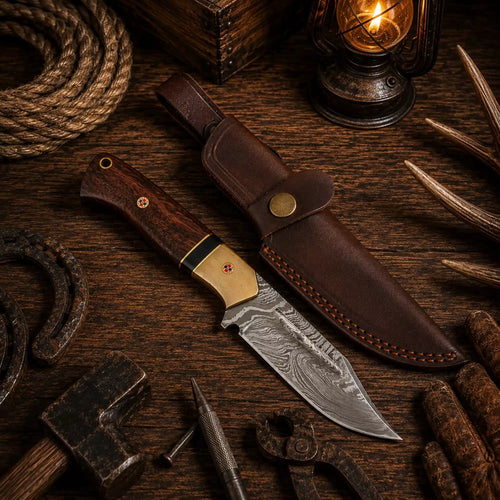 Damascus hunting knife with walnut wood and bone handle
