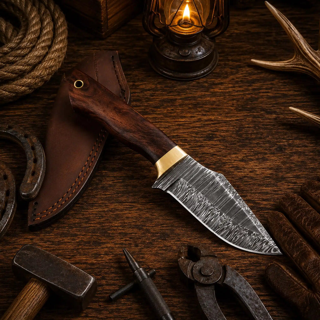 Damascus hunting knife with walnut wood handle and brass guard