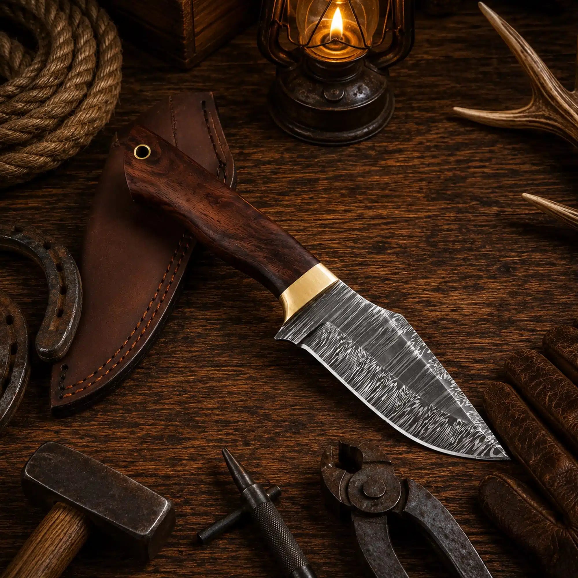 Damascus hunting knife with walnut wood handle and brass guard