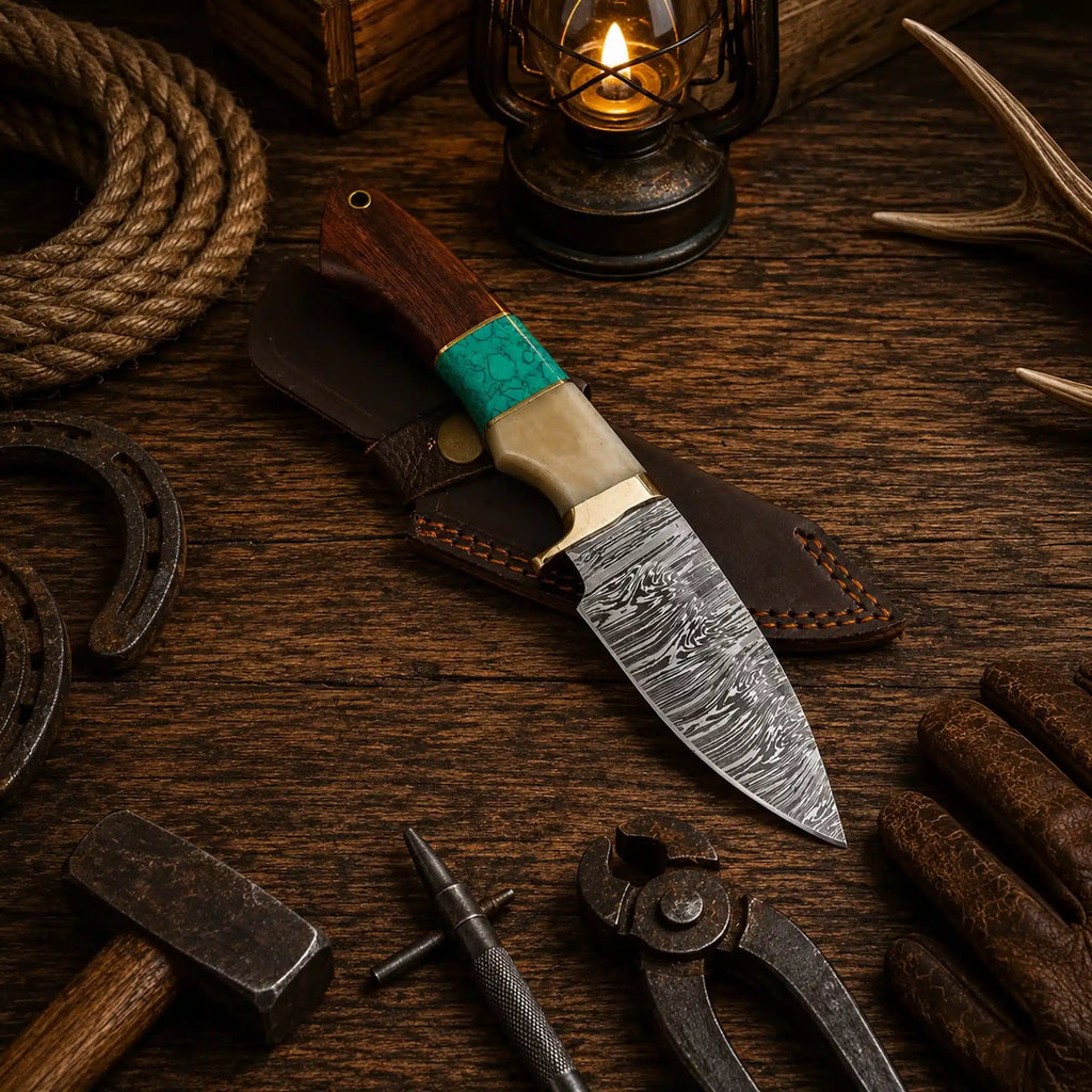 Damascus knife with turquoise inlay rosewood and bone handle