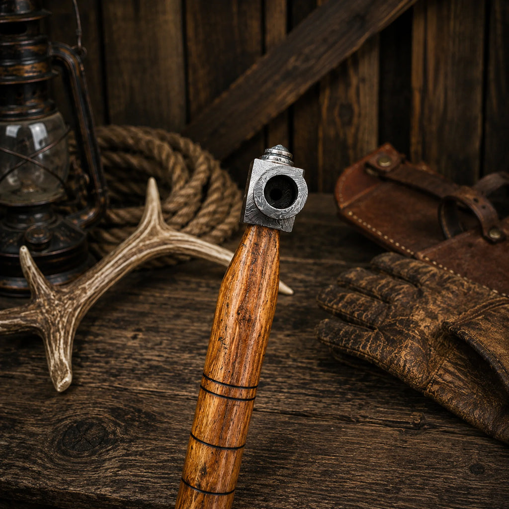 High carbon Damascus pipe axe featuring a 352-layer blade and carved wood handle.