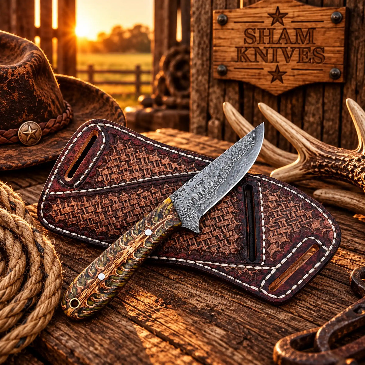Damascus ranch cowboy knife with pinecone handle on a tooled leather sheath
