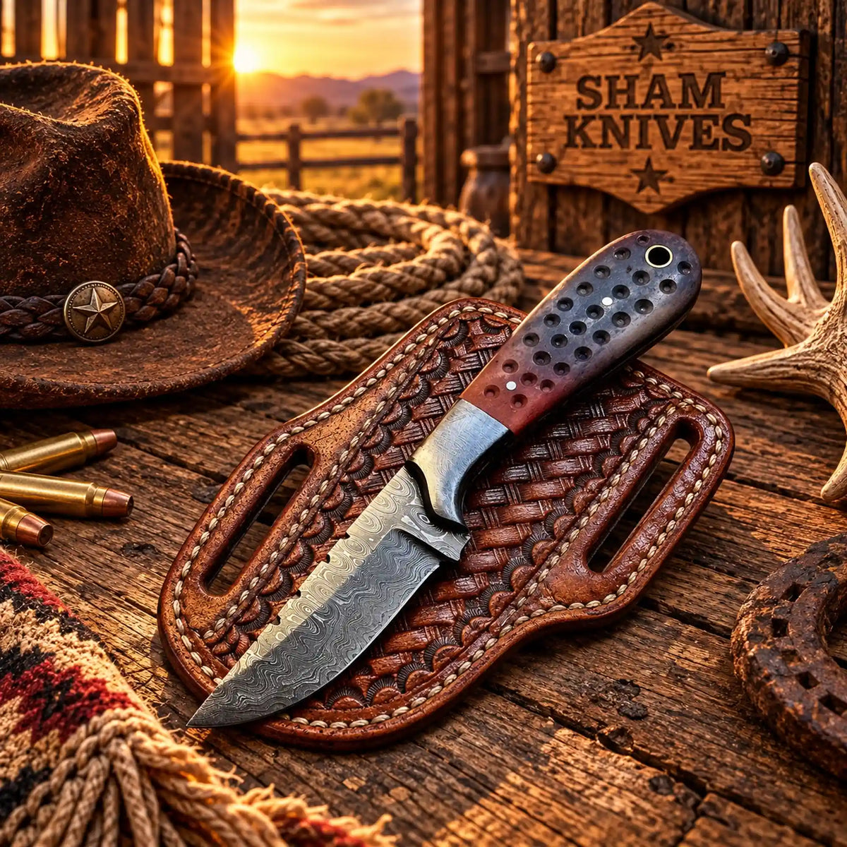 Damascus ranch cowboy skinning knife with coloured bone handle and tooled sheath
