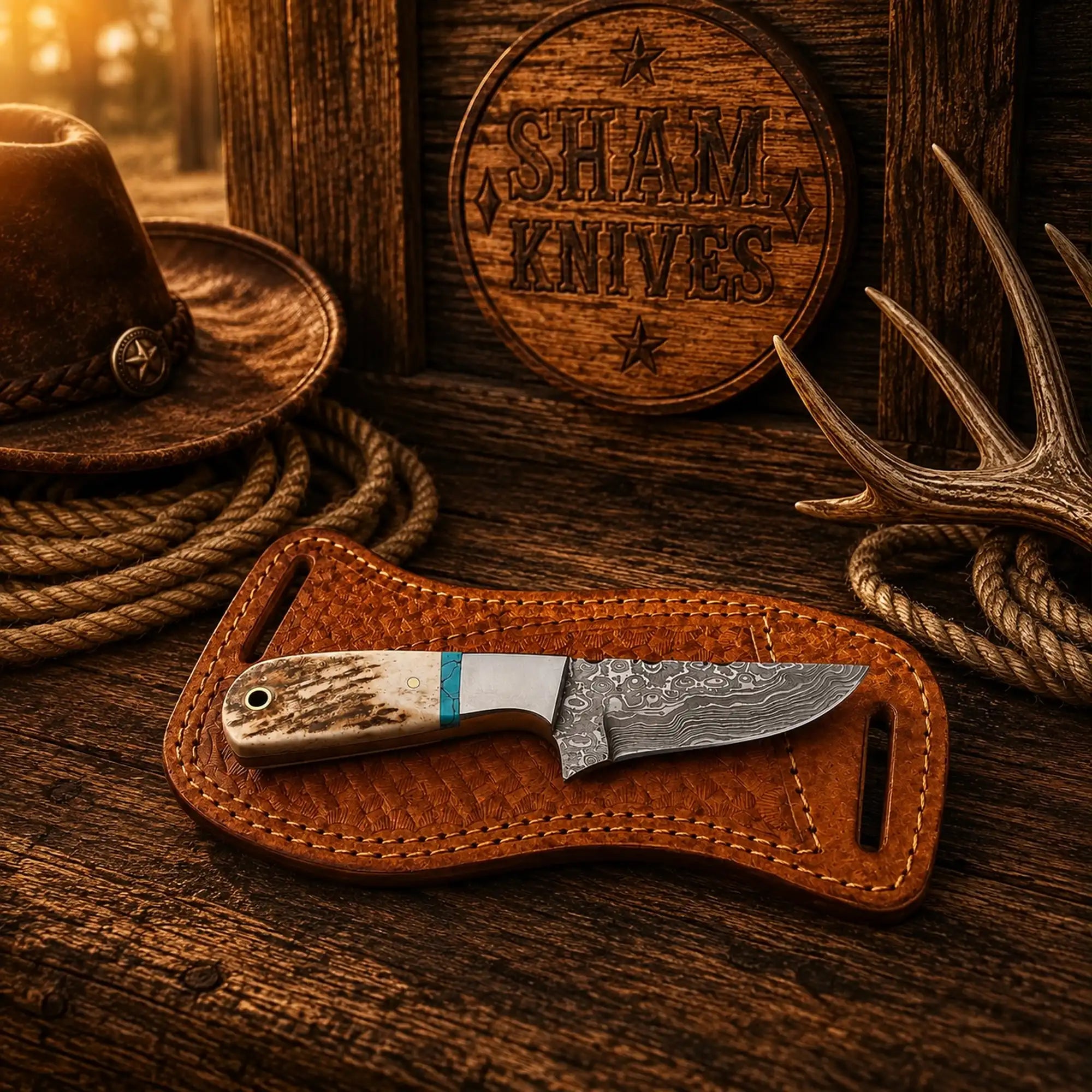 Handmade Damascus ranch knife with antler horn and turquoise handle