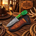 Handmade Damascus Rancher field dressing knife with green resin handle