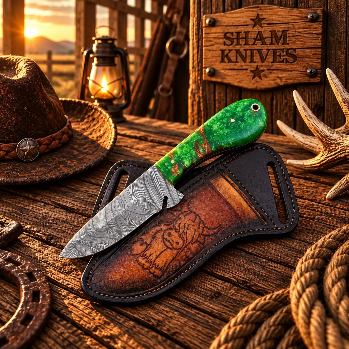 Handmade Damascus Rancher field dressing knife with green resin handle
