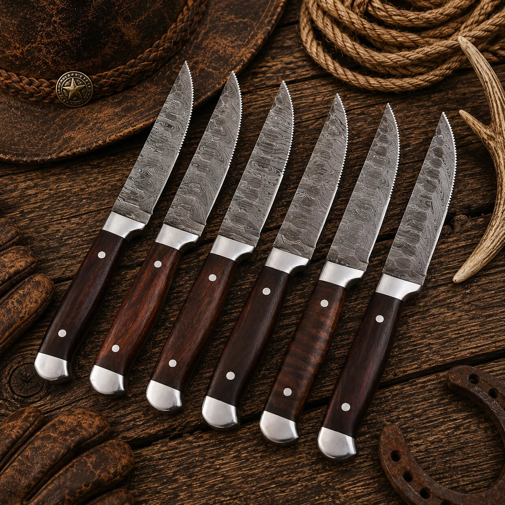 Premium Damascus serrated steak knives with rosewood grips