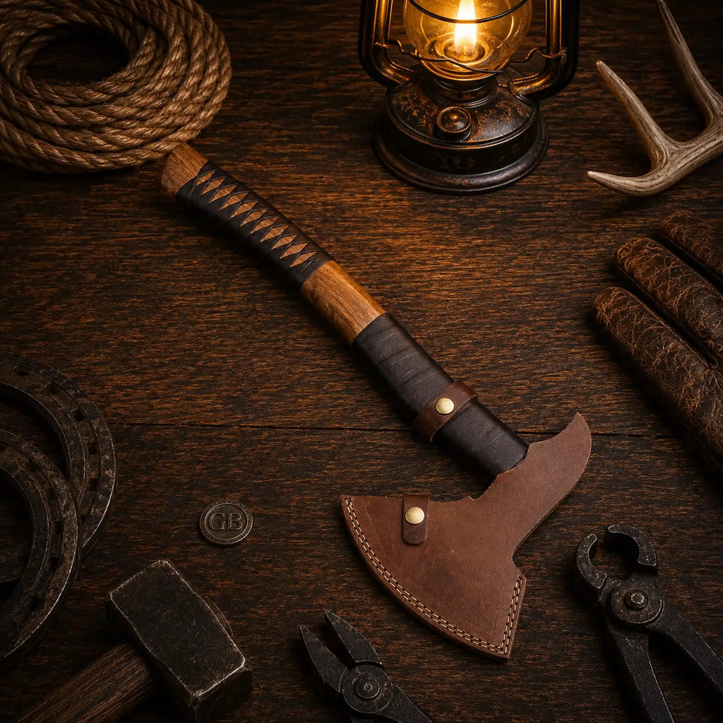 Damascus steel Black Hawk axe with 6.25 inch curved blade