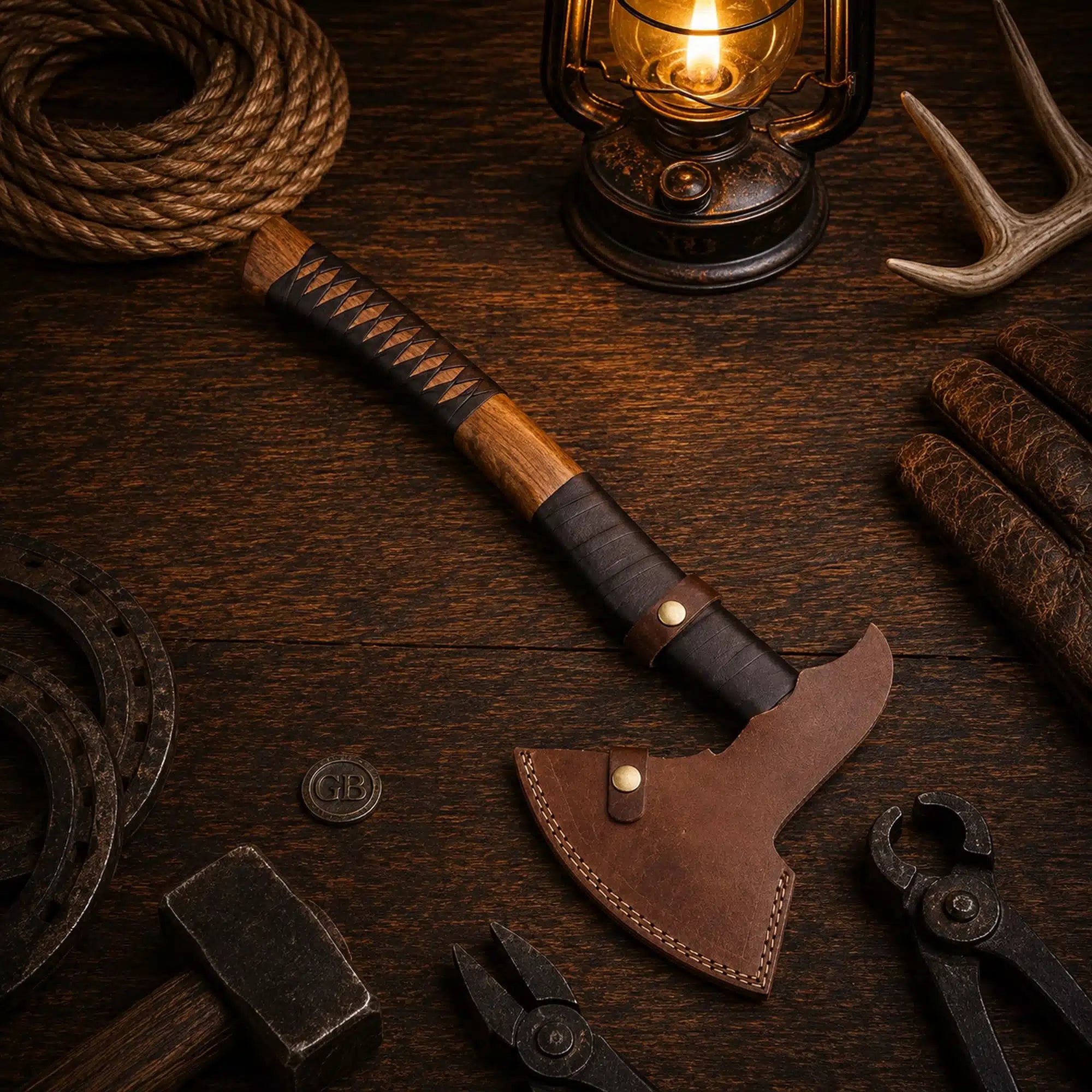 Damascus steel Black Hawk axe with 6.25 inch curved blade