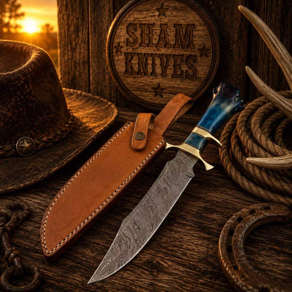 Handmade Damascus steel Bowie featuring a polished double brass guard