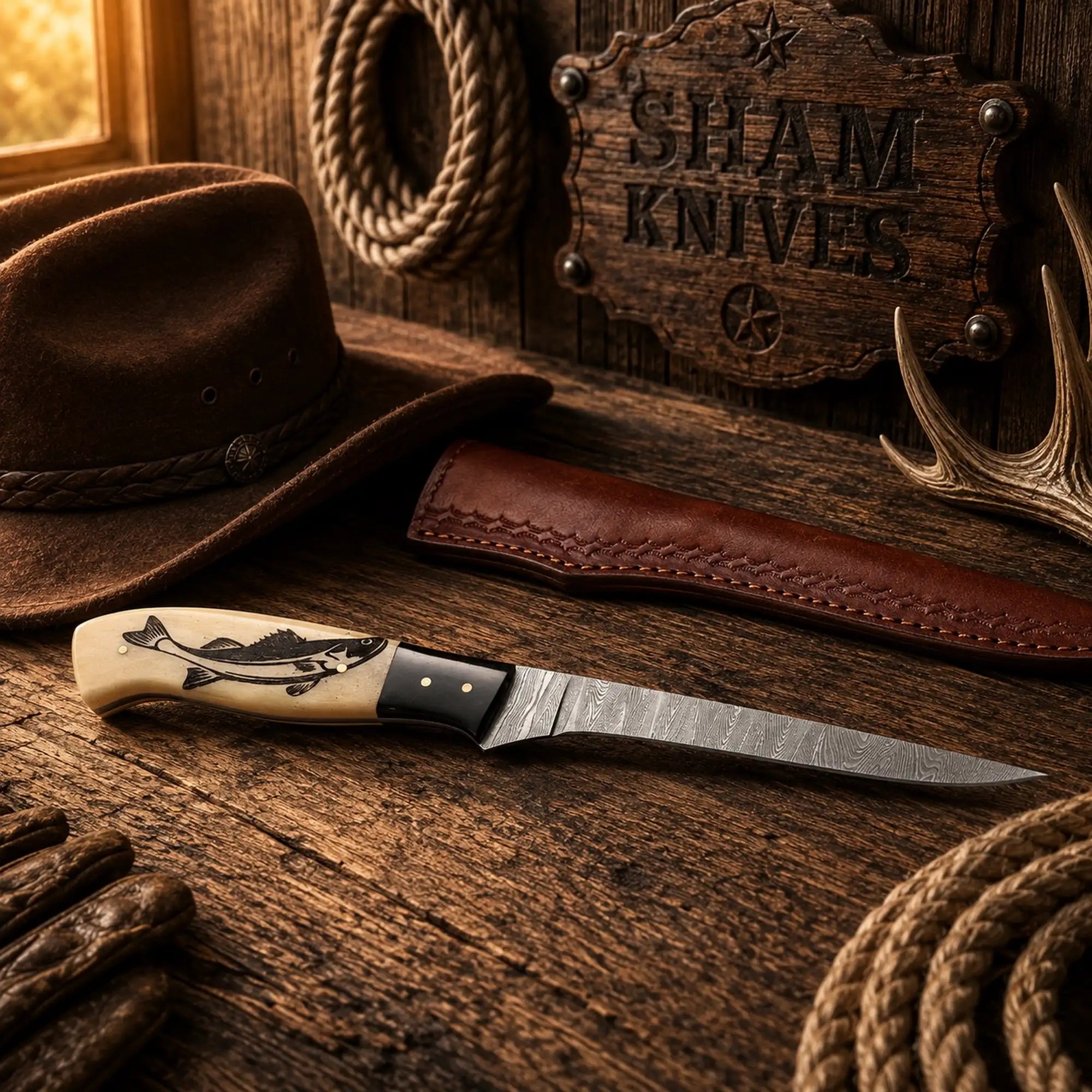 Damascus steel fillet knife with an engraved bone handle and fish design