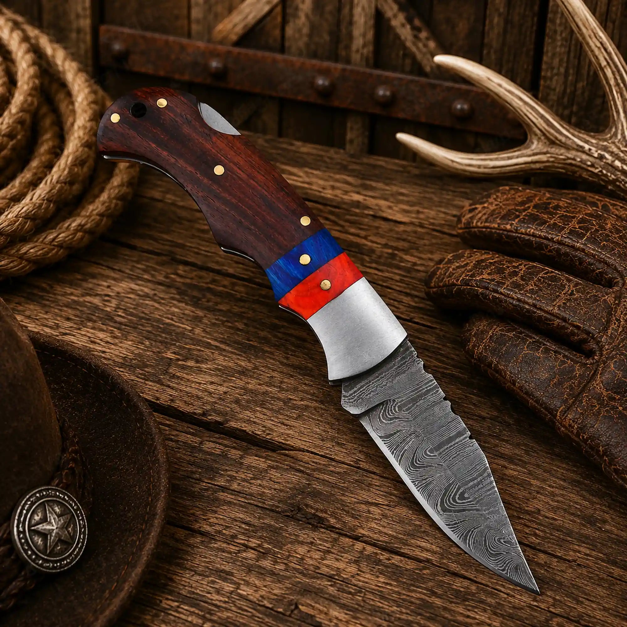 Handmade 6.5-inch Damascus steel folding pocket knife with hardwood handle, steel bolster, back lock, and premium leather sheath.