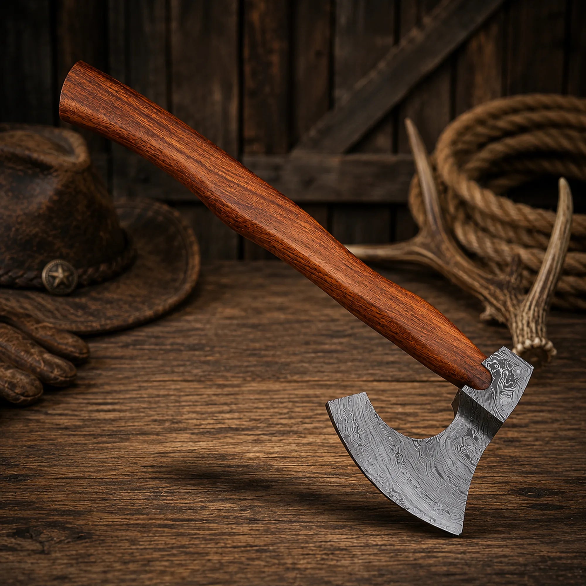 Custom Damascus hatchet featuring a hand-forged blade and premium rosewood handle.