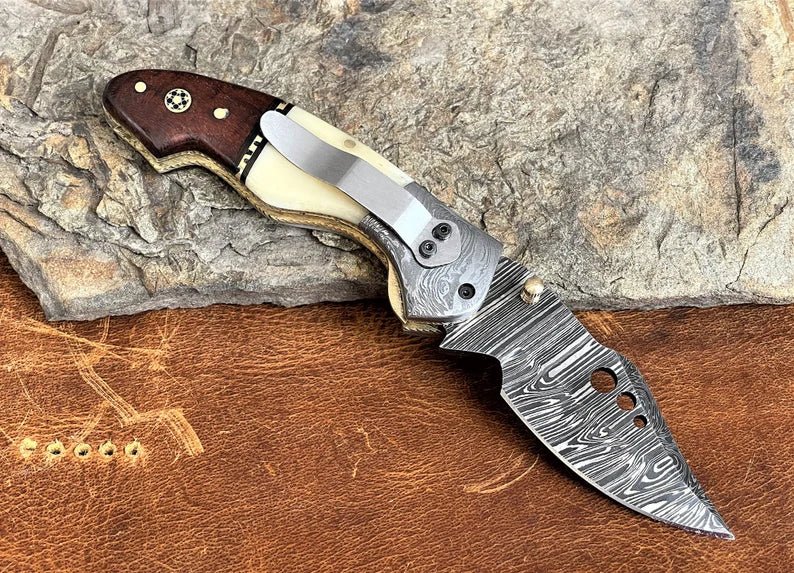 Damascus Steel Pocket Knife with Belt Clip Camel Bone Rose Wood Handle - SHAM KNIVES Pocket KnifeSham knivesDamascus Steel Pocket Knife with Belt Clip Camel Bone Rose Wood Handle