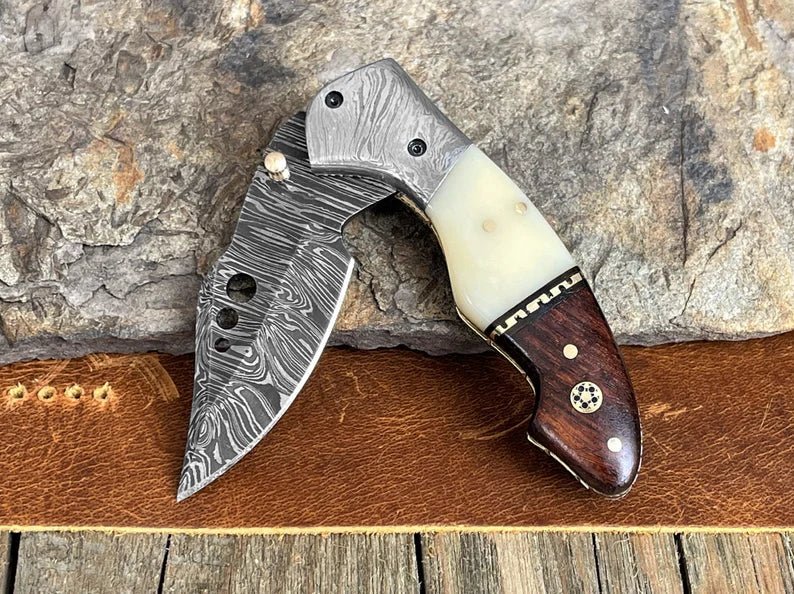 Damascus Steel Pocket Knife with Belt Clip Camel Bone Rose Wood Handle - SHAM KNIVES Pocket KnifeSham knivesDamascus Steel Pocket Knife with Belt Clip Camel Bone Rose Wood Handle