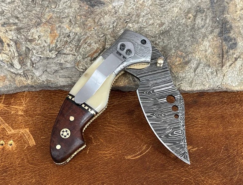 Damascus Steel Pocket Knife with Belt Clip Camel Bone Rose Wood Handle - SHAM KNIVES Pocket KnifeSham knivesDamascus Steel Pocket Knife with Belt Clip Camel Bone Rose Wood Handle