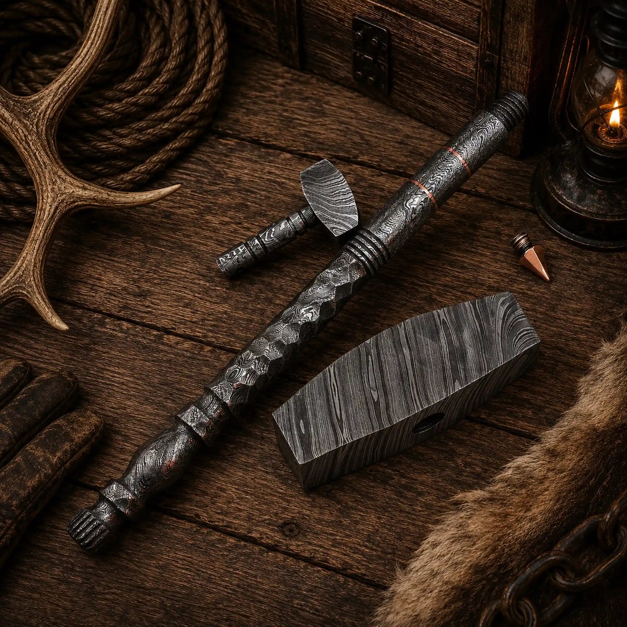 Large and miniature Damascus Mjölnir hammers displayed together