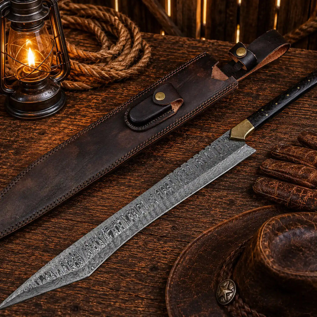 Damascus Viking sword with leather sheath rustic western display