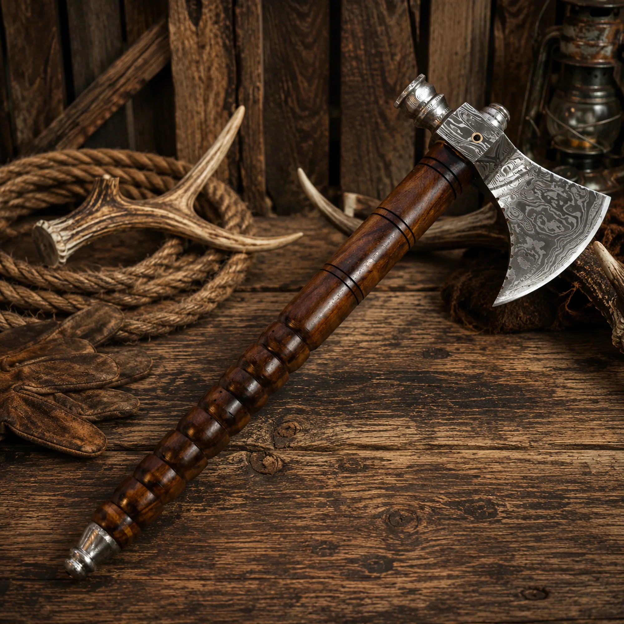 Pattern-welded Damascus throwing axe with carved wood handle and premium craftsmanship.