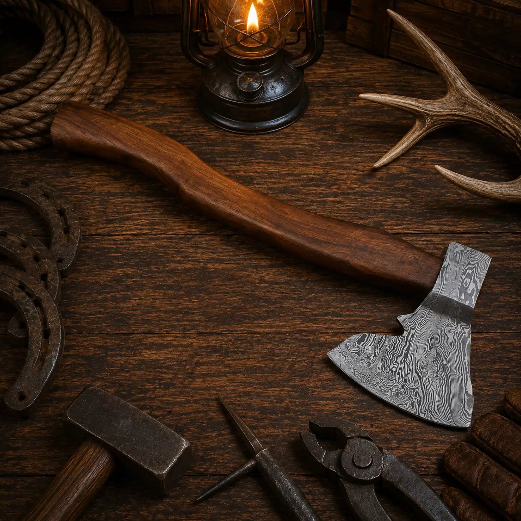 Damascus tomahawk axe featuring natural walnut wood handle
