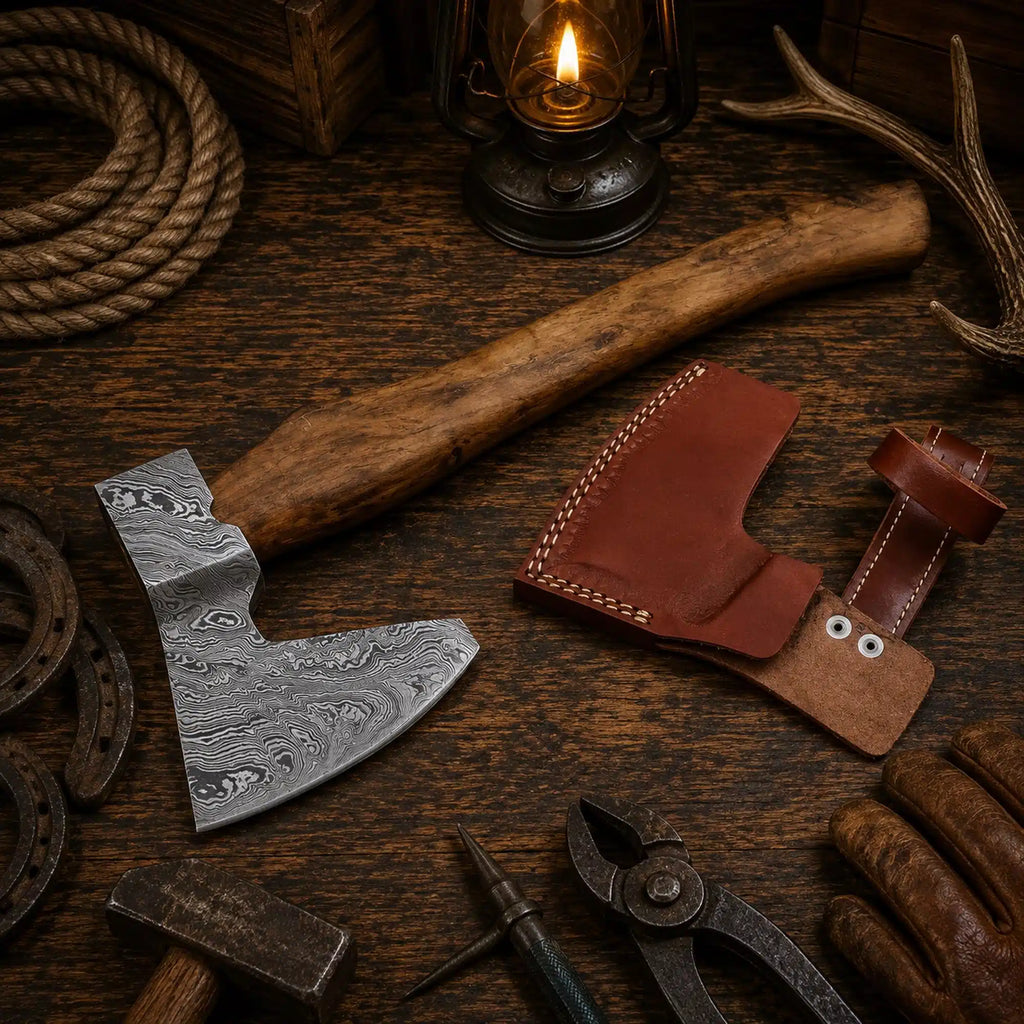 Damascus tomahawk axe featuring natural hardwood handle