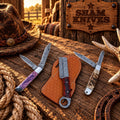 Damascus steel double-blade trapper and ring-tail bull cutter knife set