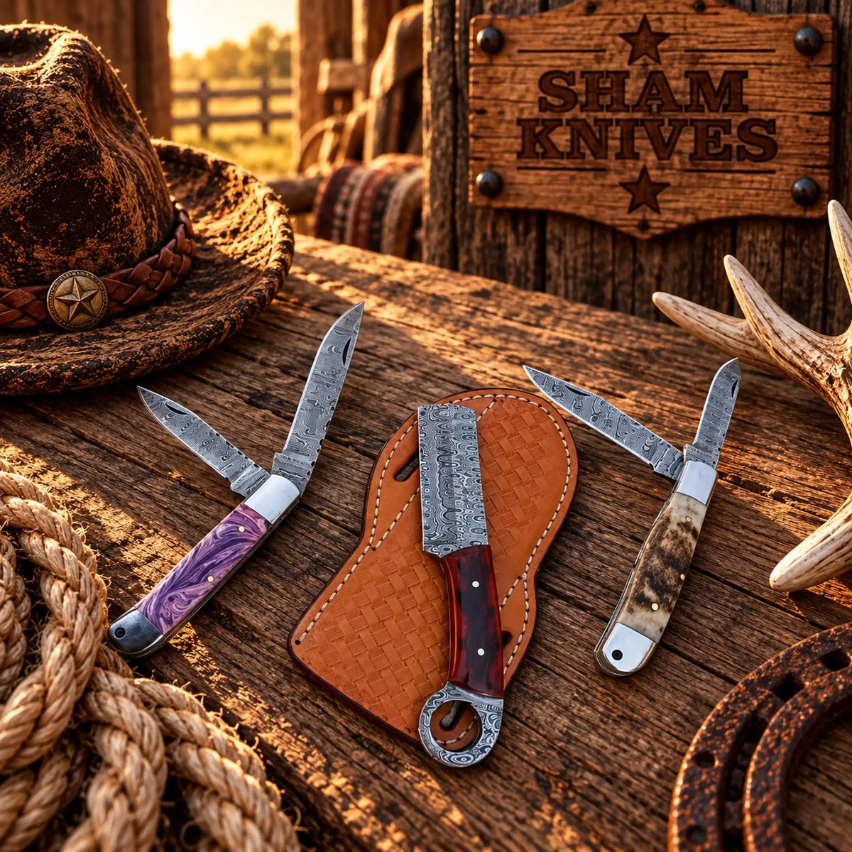 Damascus steel double-blade trapper and ring-tail bull cutter knife set