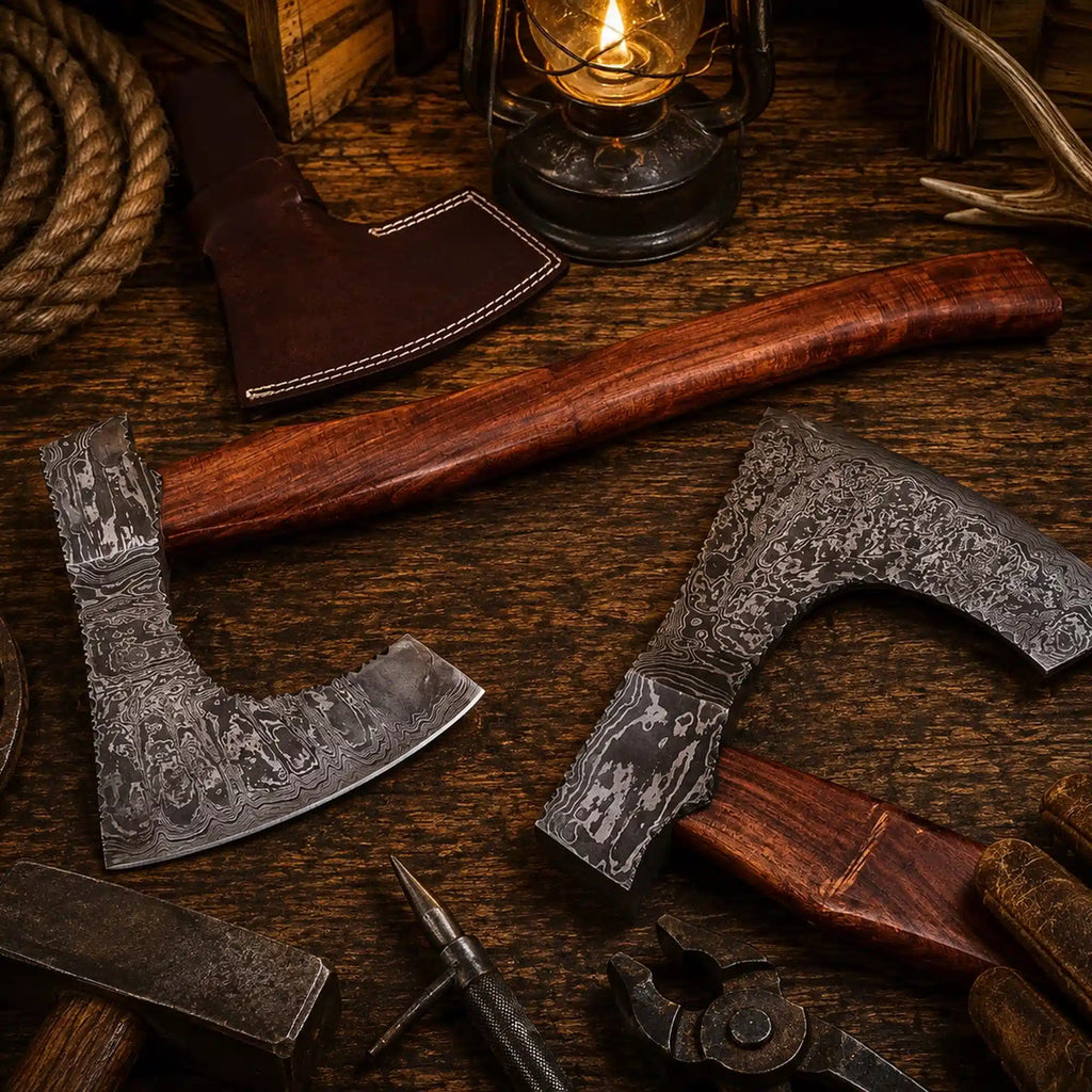 Damascus Viking axe with curved rosewood handle and leather sheath