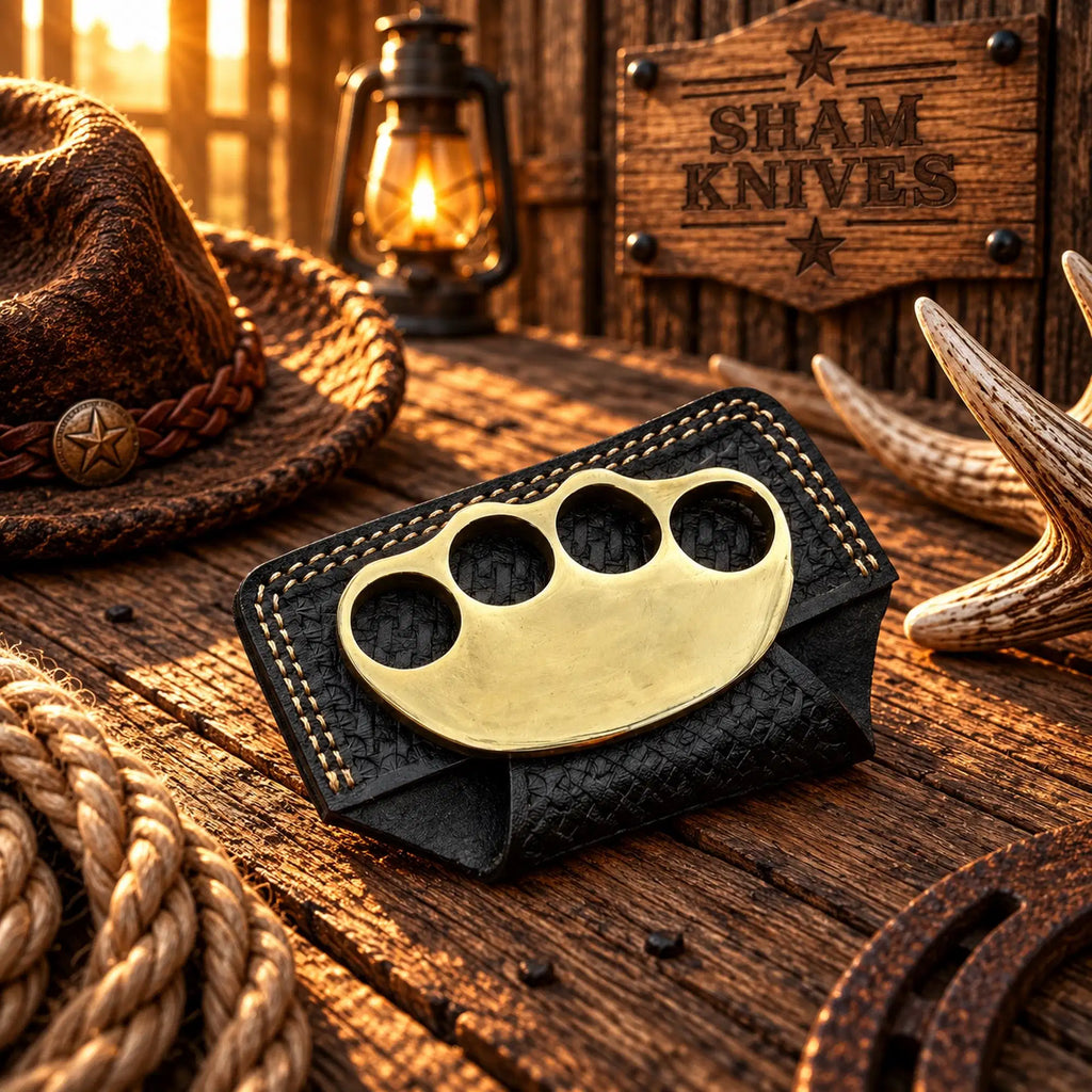  Deadwood Legend solid brass knuckle display piece with black leather sheath