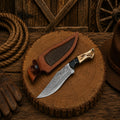 Deer hunting Bowie knife with Damascus steel blade and stag horn handle